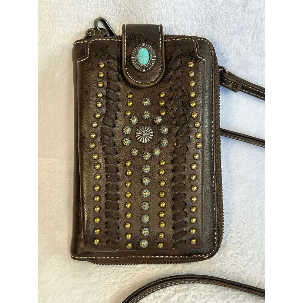 Montana West Small Crossbody Purse/Phone Carrier Brown w/ Turquois Accents Clean